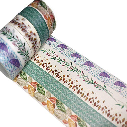 Meiwash Washi Tape Set Adhesivo decorativo Multi-patrón Washi Cinta adhesiva Scrapbooking y Bullet Journaling Tape Decoración para regalos de bricolaje Artes y oficios (Paraguas y hojas, paquete de 5) Cover