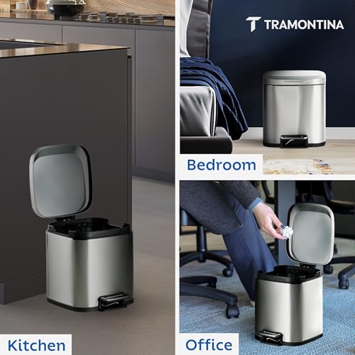 Image of TRAMONTINA 8 Litre Stainless Steel Step Dustbin | Fingerprint-Resistant Finish | Soft-Close Lid | Removable Inner Bucket | Square Trash Can for Home, Office & Hospitality