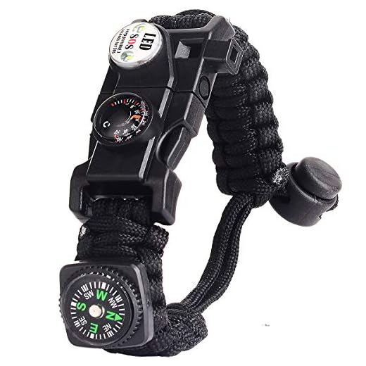 Bracelet Paracorde Survie pour Homme Femme, Militaire Paracord Bracelet Kit avec Flint + Boussole + Thermomètre + Sifflet + Lumière LED pour Extérieur, Randonneur, Baroudeur, Explorateurs (Noir)