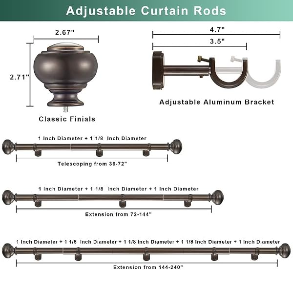 1 1/8 Inch Heavy Duty Curtain Rods, Extra Long Curtain Rod for Window 144-240 Inch(12-20ft), Telescoping Drapery Rods with Classic Finials and Adjustable Aluminum Alloy Brackets, Antique Brown by Yun Nephele - Used condition - Image 4