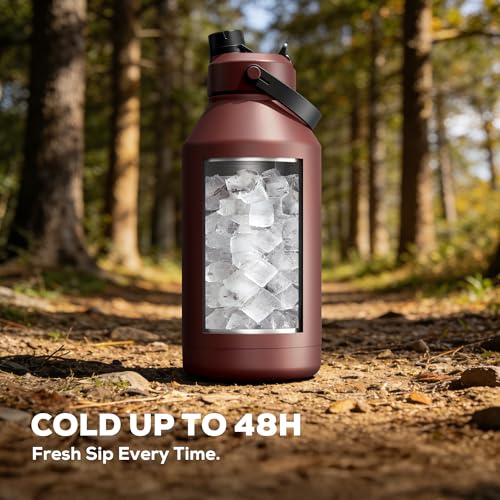 Image of POWCAN 64 oz Insulated Water Bottle with Carrier Bag, Leakproof, Straw and Spout Lid, Keep Cold 48H, Cleaning Brush, BPA-Free, Stainless Steel Water Bottle for Travel, Sports and Picnic (Cocoa)