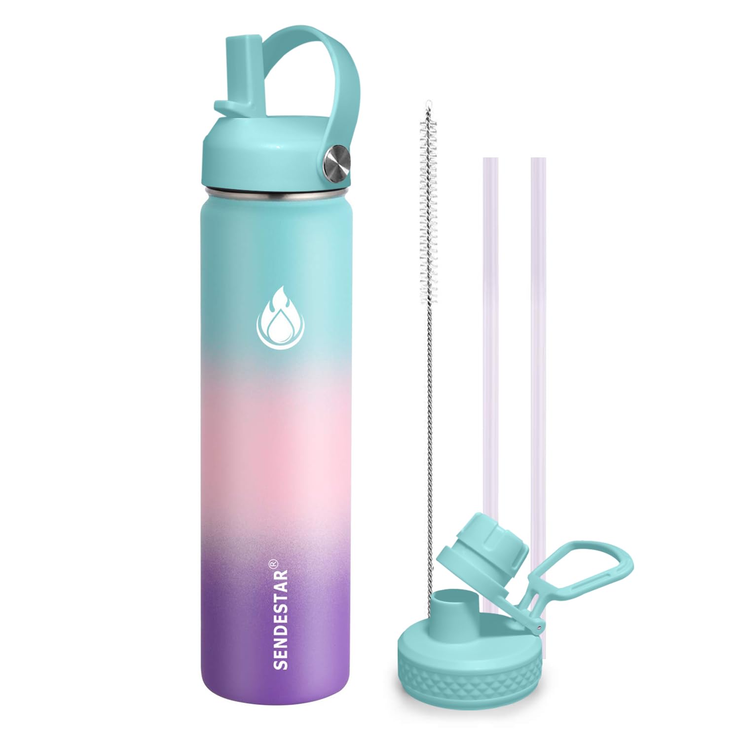 SENDESTAR Stainless Steel Wide Mouth Water Bottle 24oz Double Wall Vacuum Insulated Leak Proof Bottle with New Flex Straw Lid & Spout Lid