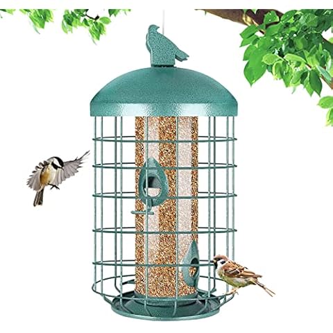 Yinns Caged Bird Feeder for Outside, Large Squirrel Proof Metal Bird Feeders 3 Lbs, Wild Bird Feeder Hanging Outdoors Tube Feeders with 4-Ports, Waterproof (Green) Cover