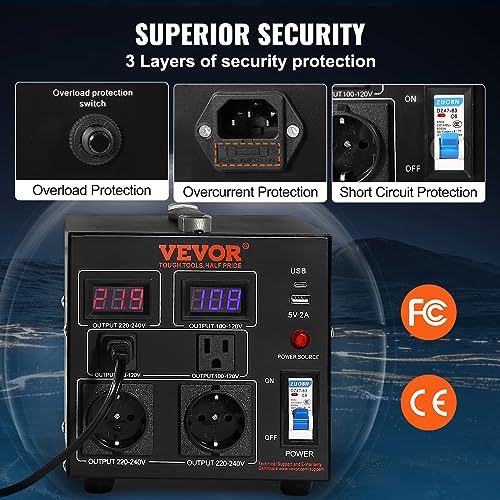 Image of VEVOR Voltage Converter Transformer, 2000W, Heavy Duty Step Up /Down Transformer, Convert from 110 Volt to 220 Volt and from 220 Volt to 110 Volt, with US Outlet EU Outlet 5V USB Port, CE Certified
