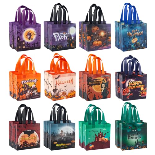 24 Pcs Halloween Trick or Treat Bags, 12 Designs Gift Bags with Handles, Reusable Non-Woven Halloween Tote Bags,Perfect for Halloween Gifts Wrap,Candy Goodie Packs,Party Favor Supplies,7.9"×7.9"×3.15" - image 1