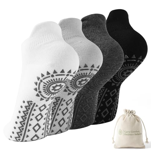Pilates Socks with Grips for Women, 4 Pairs Non Slip Yoga Athletic Ankle Socks for Ballet Barre Dance Workout