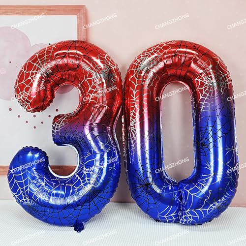 Image of 40 In Red And Blue Spider Theme Large Number 1 Balloon | Giant Large Helium Foil Balloon for Boy or Girl 1 th Birthday Wedding Anniversary Baby Shower Party Decorations