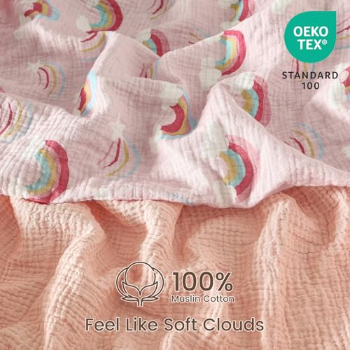 Image of david's kids Muslin Mini Crib Sheets, 2 Pack Cotton Pack N Play Sheets for Girls, Soft Breathable Baby Sheets Fit Pack N Play, Playard and Mini Crib Mattresses, Rainbow