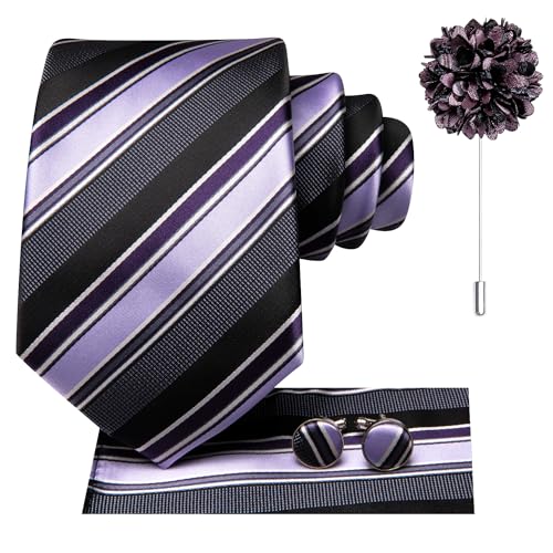 Image of Dubulle Mens Tie and Lapel Pin Paisley Striped Floral Necktie for Men Pocket Square Cufflinks 4PCS Set Wedding Party