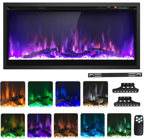COSTWAY 36”/91cm Electric Fireplace, Wall Mounted/Recessed/Freestanding Fire Heater with 9 LED Flame Color, 5 Brightness, Remote, Thermostat, 1-8H Timer, Overheat Protection, 750W/1500W (36”/91cm)