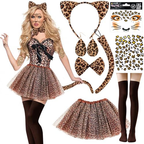 Leoparden Kostüm Damen Set mit Rock Accessorie Ohren Haarreif Socke Gesichtstattoo Fasching Kostüm Leopard Damen Dschungel Tiger Gepard Panther...