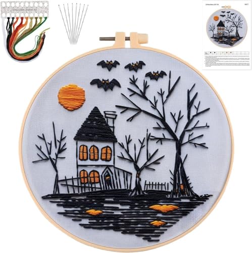 Image of Halloween Embroidery Kits for Beginners, DIY Embroidery Kits for Adults | Halloween Cross Stitch Kit for Beginners, Haunted House Pattern, Cotton Threads, Needles, Instruction, 20 cm Hoop