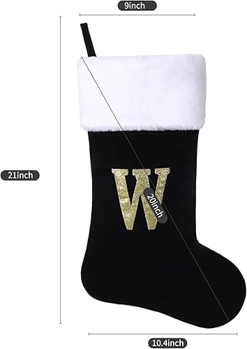Miniatura 2 de Calcetín de Navidad con monograma inicial de 20 pulgadas, cuerpo de terciopelo negro de lujo con letra bordada de puño de felpa supersuave,