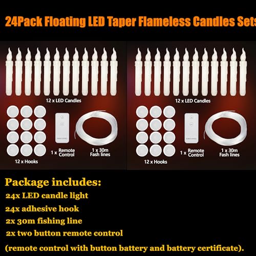 Image of 24Pack Floating LED Candles Sets, Taper Flameless Candles with Remote, Warm White Flickering Candles Hanging Decoration for Halloween Christmas Tree Party Home Decoration