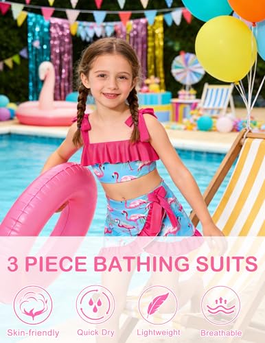 Image of ALISISTER Girls Swimsuit 3 Piece Bathing Suits Flounce Bikini Tankini Set Beach Swimwear with Cover Ups Skirt for 3-8 Years