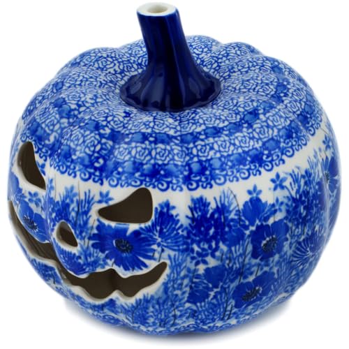 Authentic Polish Pottery Jack O Lantern Candle Holder Signature UNIKAT in Dreams in Blue Design Handmade in Boles?awiec Poland by Ceramika Artystyczna + Certificate of Authenticity