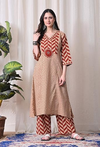 Image of MEERA FAB Women's Cotton Straight Kurta Set, Floral Print with Yoke, with Dupatta and Pants