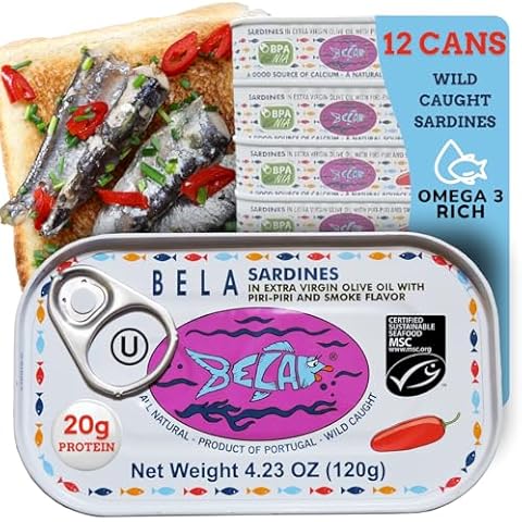 BELA Wild Caught Portuguese Sardines - Lightly Smoked and Marinated in Piri Piri Flavored Extra Virgin Olive Oil | 4.25 Oz (Pack of 12) | All Natural, High Protein, Hand Selected, Sea Salted, & Omega 3 Rich Cover