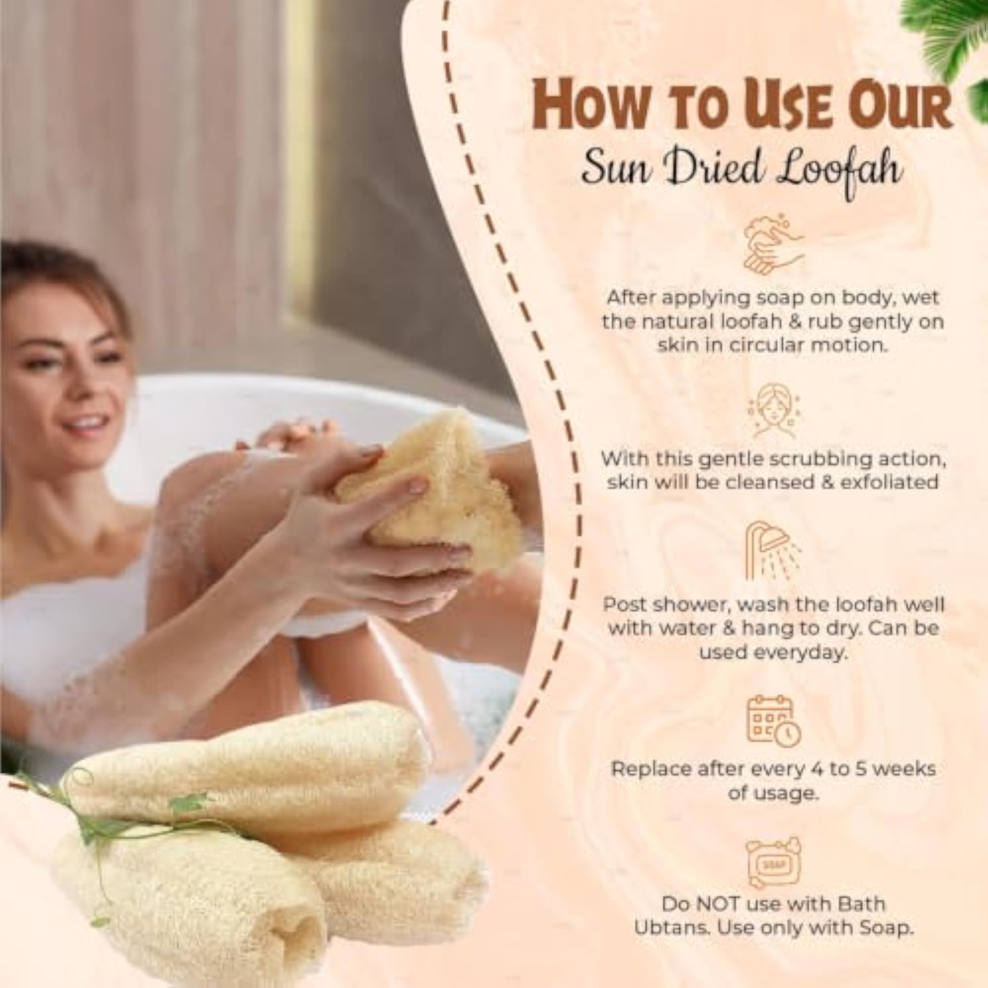 Long Natural Organic Body Scrub Loofah Sponge for Bathing, Pack of 1