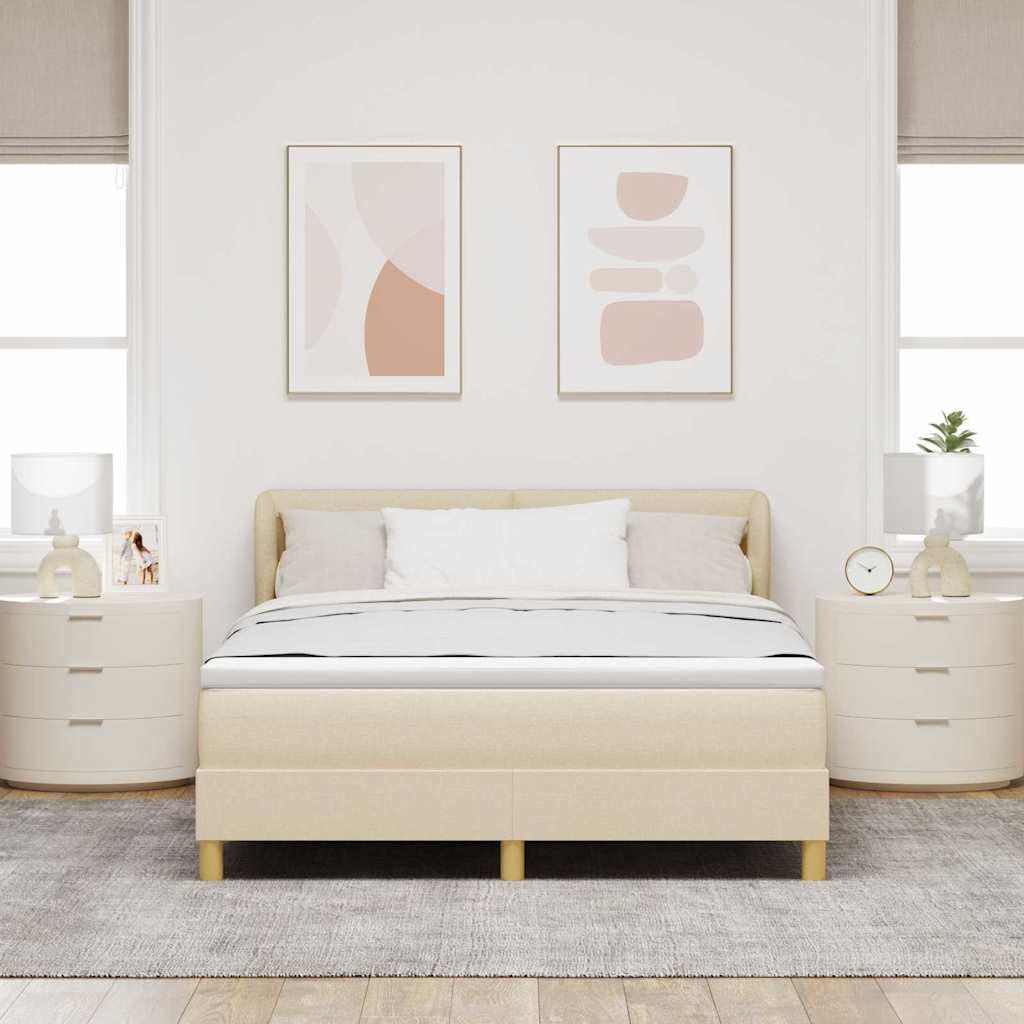 Cama con somier con colchón, color crema, 140 x 190 cm, funda de tela, cabecero ajustable, marco de madera estable, núcleo de muelles ensacados para parejas, dormitorio moderno