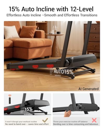 Image of 15% Auto Incline Walking Pad Treadmill with 12-Level, Under Desk Treadmill with Handles, Portable Treadmills for Home Small, 43‌″ High Armrests