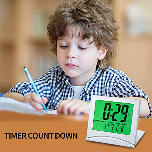 Image of KANBIT Small Digital Travel Alarm Clock Battery Operated, Portable LCD Large Display Alarm Clock with Backlight, Temperature Desk Clock -Silver(Green Light)