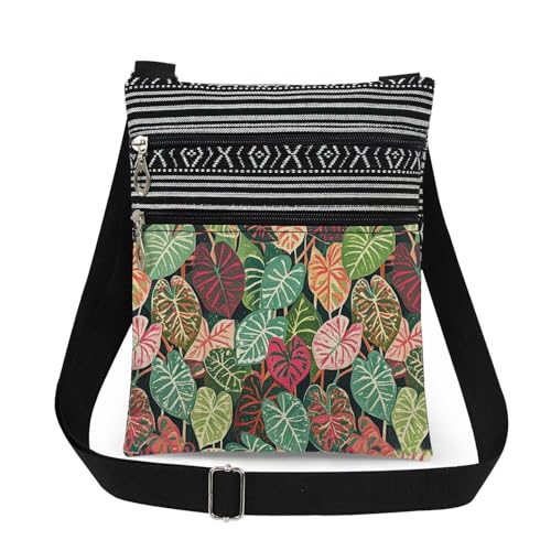 Bolsa tiracolo com estampa de folha com zíper, colorida, única, pequena bolsa de flores para mulheres, bolsas de mão criativas para telefone, Mistura de folhagem vibrante