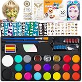 Face Painting Kit for Kids 20 Water Based Non-Toxic Sensitive Skin Paints 100 Stencils 3 Glitters 2 Hair Chalks Combs 2 Tattoos Sheets Face Painting Book Safe Professional Face Paint Kit For Kids