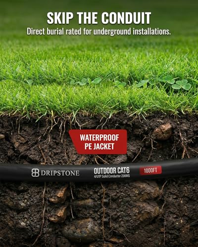 Image of Dripstone 1000ft CAT6 Outdoor Direct Burial Solid Cable 23AWG Waterproof Wire HDPE Insulated Polyethylene (PE) for Indoor /Outdoor Easy Pull Box