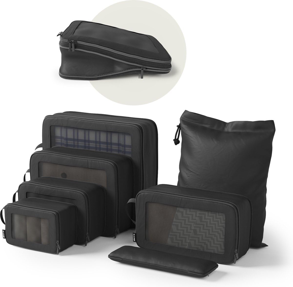 ONYX Lot de 7 sacs de compression comprenant un sac à chaussures ou un sac à linge – Sacs d'emballage avec compression pour jusqu'à 50 % d'économie d'espace – Ensemble organisateur valise en polyester