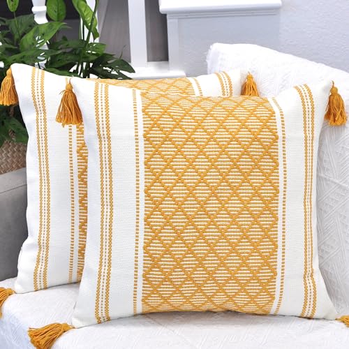 Oveesha Decorative Boho Throw Pillow Covers with Tassels Mustard Yellow 16x16 inches Set of 2 / Cute Square Pillow Covers for Couch Sofa/Farmhouse Woven Pillow Cases/Modern Accent Cushion Covers