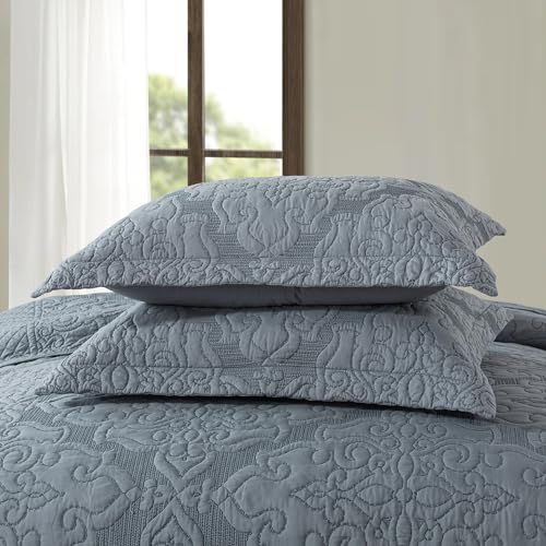 NEWLAKE Reversible Quilt Bedspread Embroidered Microfiber Coverlet Set,Jacquard Embossed Floral,Grey, King Size