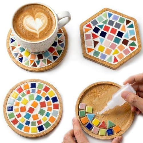 Nuyoach DIY Mosaic Coaster Kits for Adults Craft 2 Sets Ceramic Arts and Crafts Tile Kit with Wooden Coasters Glass Mosaic Adult Craft Kits for Women Seniors Handmade Gifts Home Decor
