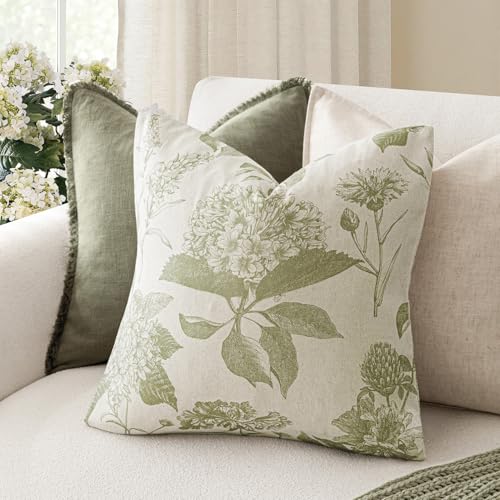 Image of Foindtower Set of 2 Linen Floral Throw Pillow Covers Vintage Accent Print Decorative Cozy Cushion Covers Farmhouse Boho Home Decor for Sofa Chair Couch Bedroom Living Room,18x18 Inch,Light Green
