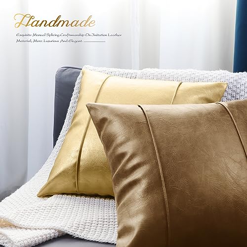 Image of BRAWARM Taupe Leather Throw Pillow Covers 16 X 16 Inches - Faux Leather Pillow Cover with Piping, Hand Stitched Leather Throw Pillow for Couch Sofa Bed Living Room Home Decorative