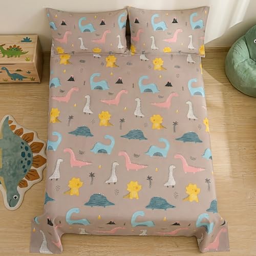 Image of Story@Home Kids Dinosaur Theme Double Bed Bedsheet Set 225x250 cm with 2 Pillow Covers | 180 TC Cotton Feel Fabric | Dino Brown T-Rex & Dino Print | Soft, Durable & Skin Friendly