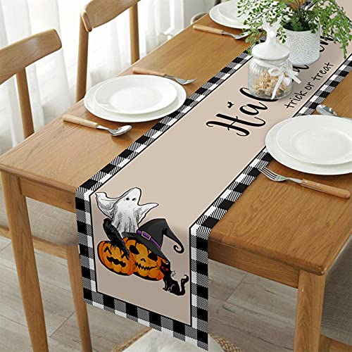 Halloween Table Runner With Placemats Set Of 6 - Halloween Pumpkin Cat Ghost Black Buffalo Check 13 X 70 Inch Table Runner Set Cotton Linen Table Mats For Dining Table Kitchen Decoration #TOP3
