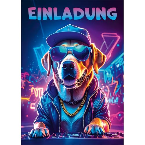 Moosthaler Einladungskarten Kindergeburtstag Junge - 12x lässige DJ Hund Einladungen - Musik Motto Party - Neon Design - Einladungen Kindergeburtstag Jungs - Geburtstagseinladungen Jungen