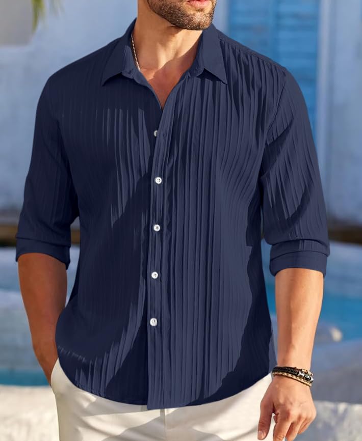 Image of FINIVO FASHION Men's Casual Cotton Plain Button Down Shirt Long Sleeve Textured Summer Beach Shirt for Men