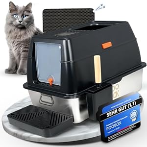 POOBOX® Katzenklo Edelstahl mit Deckel auslaufsicher | 3-in-1 Katzentoilette geschlossen offen | inkl Geruchsfilter Schaufel Matte & Stufe | Stainless Steel Cat Litter Box | Edelstahl Katzenklo