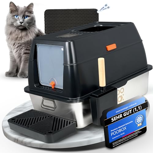 POOBOX® Katzenklo Edelstahl mit Deckel auslaufsicher | 3-in-1 Katzentoilette geschlossen offen | inkl Geruchsfilter Schaufel Matte & Stufe | Stainless Steel Cat Litter Box | Edelstahl Katzenklo