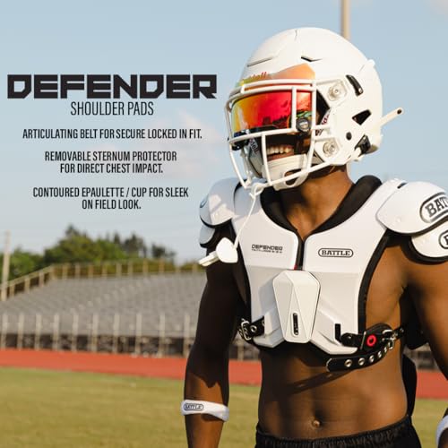 Battle Sports Defender Football Shoulder Pads – The Lightest, Most Protective in Its Class – Aerospace Grade Materials, Ventilated Design, Removable Sternum Plate, Foam Neck Roll
