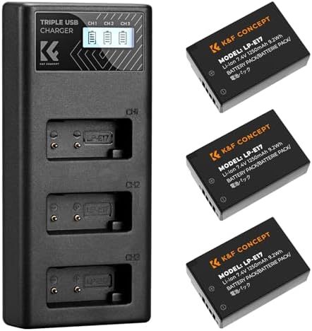 K&F Concept 3-Pack LP-E17 Battery and Upgraded LCD Charger Compatible with Canon EOS R100 R50 RP R10 R8 Powershot V1 Rebel T8i T7i T6i T6s SL2 SL3 EOS M3 M5 M6 200D 77D 750D 760D 800D 8000D Camera
