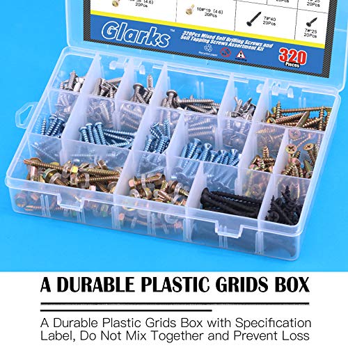 Glarks 320Pcs Mixed Self Drilling Screws and Self Tapping Screws Assortment Kit 16 Different Types Wood Screws, Sheet Metal Screws and Drywall Screws for Wood, Sheet Metal and Drywall Use