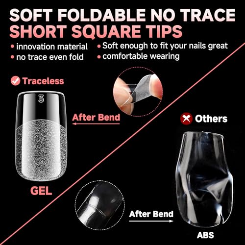 Image of UNA GELLA 600Pcs Short Square Gel Nail Tips, Square Press on Nails Pre Etched Full Cover Soft Gel Nail Tips No C Curve For Women Girl DIY French & Chrome Style Salon At Home 12 Sizes
