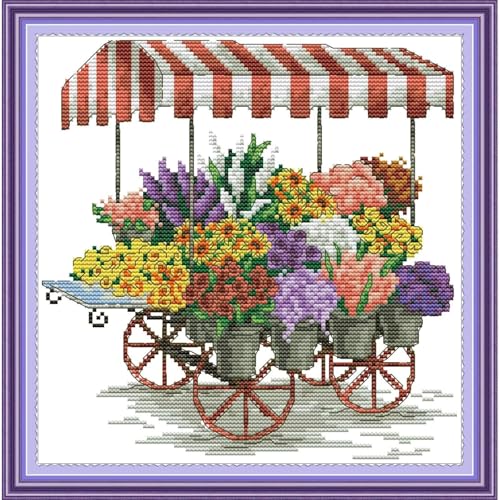 Image of ITSTITCH Stamped Cross Stitch Kits- Full Set of Embroidery for Beginners or Adults,14 CT 2 Strands DIY Flower Car Patterns Counted Arts Craft 10.6x10.6 inch