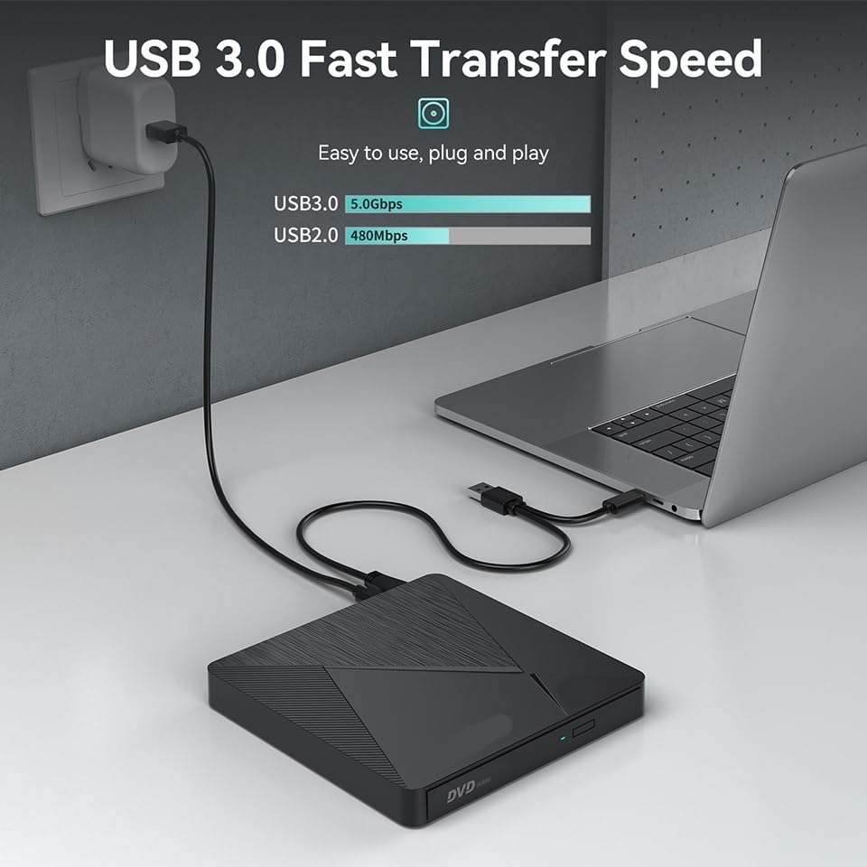 KONGMM Reproductor de DVD USB 3.0 portátil 5" CD R/RW DVD Lector de Disco Quemador Reproductor Grabador Externo