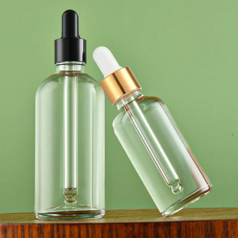 Gotero Botella de aceite esencial escarcha, líquido aromaterapia transparente, gota 5-100ml for pipeta masaje recargable(Clear gold,5ml)