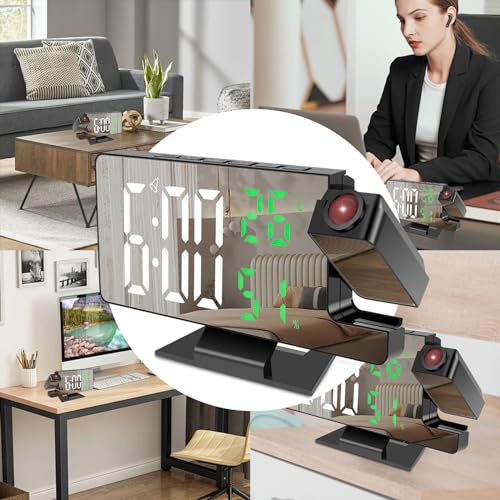 Projection Alarm Clock with 180° Rotatable Projector, 4 Level Dimmable Mirror Projection Clock, Large Display Digital Projection Alarm Clocks Projection Clocks with Snooze for Home Office(white)