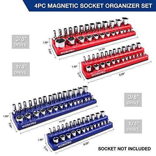 Image of WORKPRO Magnetic Socket Organizer Set, 4-Piece Socket Holder Set Includes 1 /4 inch, 3 /8 inch Drive Metric & SAE Socket Trays, Holds 108 Pieces Standard and Deep Size Sockets (Sockets not Included)